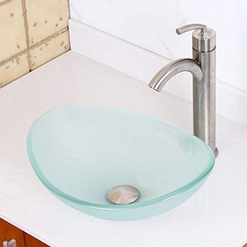 ELITE Unique Oval Frosted Tempered Bathroom Glass Vessel Sink & Brushed Nickel Single Lever Faucet