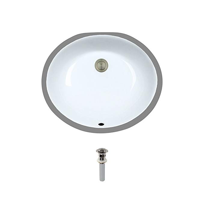 UPM-White Undermount Porcelain Bathroom Sink Ensemble, Brushed Nickel Pop-Up Drain