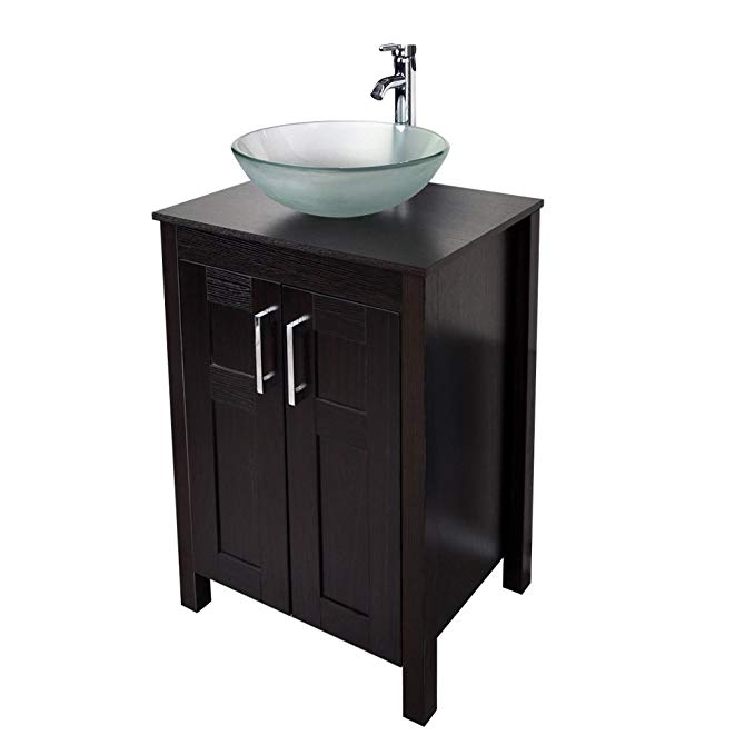 Morden Bathroom Vanity with Frosted Glass Vessel Sink Round Bowl, Chorme Faucet & Pop-up Drain Combo