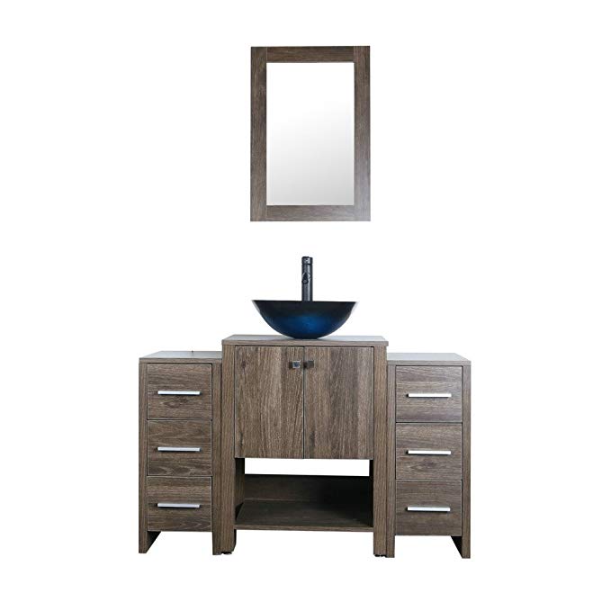 Goodyo 48Inch Paint Free MDF Walnut Modern Bathroom Vanity Combo with Two Side Cabinet,Round Glass Vessel Sink