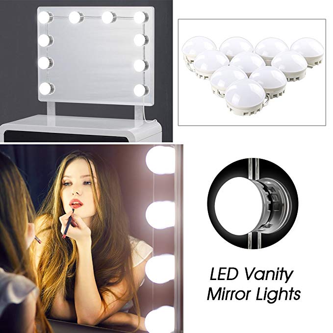 Hollywood Style LED Vanity Mirror Bulbs,10 Bulbs 5 Levels Brightness Dimmable Switcher Flexible Hidden Cable USB Plug, Lighting Fixture Strip for Makeup Vanity Table Set (Normal Base)