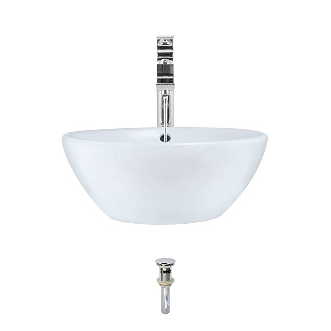 V2200-White Porcelain Vessel Sink Chrome Ensemble with 721 Vessel Faucet (Bundle - 3 Items: Sink, Faucet, and Pop Up Drain)