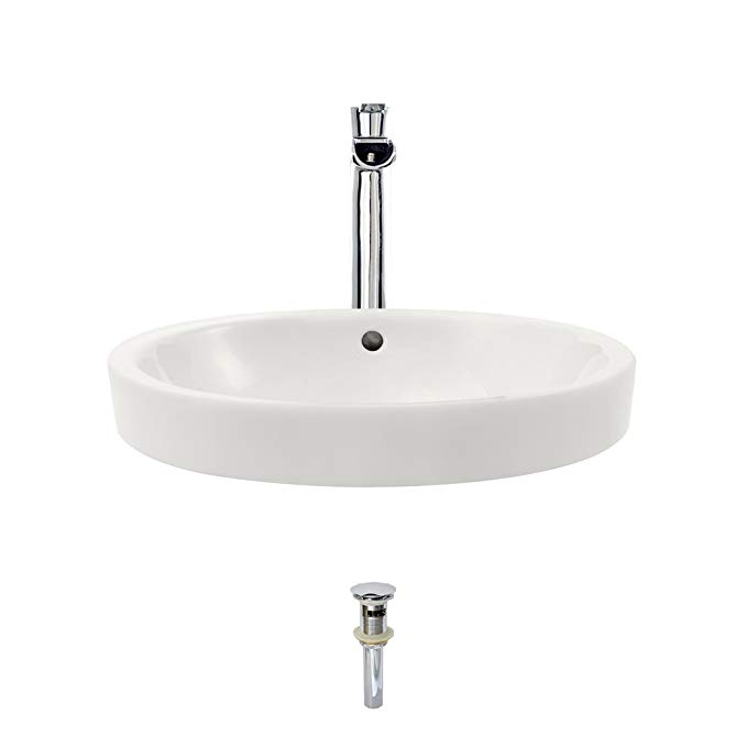 V22182-Bisque Porcelain Vessel Sink Chrome Ensemble with 731 Vessel Faucet (Bundle - 3 Items: Sink, Faucet, and Pop Up Drain)