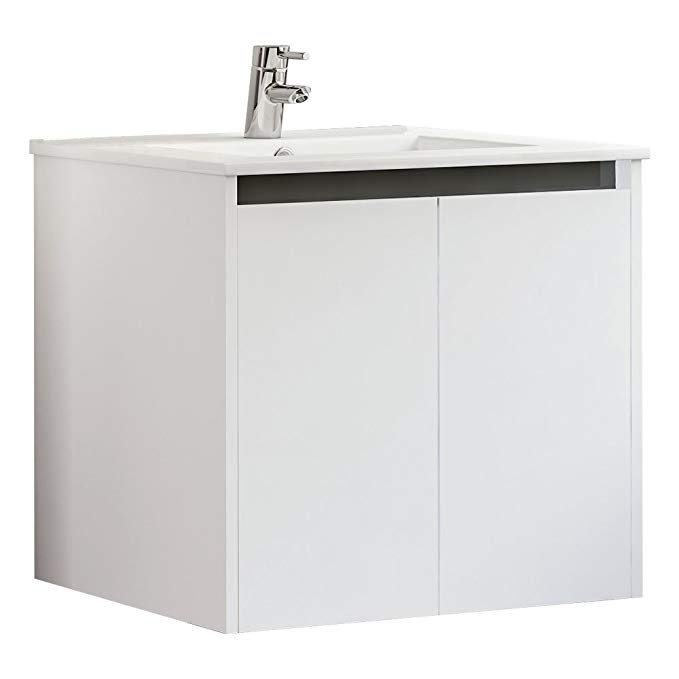 24 Inch Bathroom Vanity Cabinet Set, White | Floating Bathroom Cabinet + Ceramic Top Sink + Wall Mirror | 24 x 24 x 18