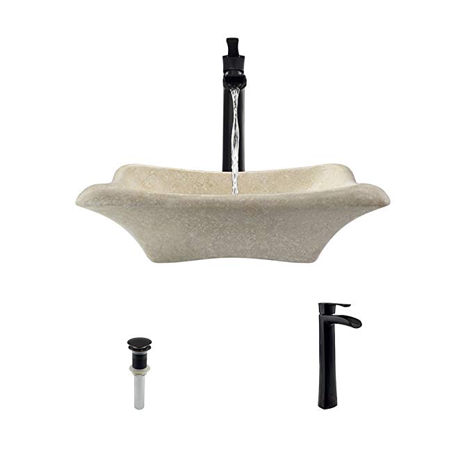 867 Galaga Beige Marble Vessel Sink Antique Bronze Bathroom Ensemble with 731 Vessel Faucet (Bundle - 3 Items: Sink, Faucet, and Pop Up Drain)