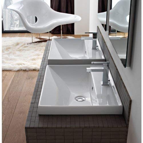 Scarabeo 3004-No Hole ML Square Ceramic Self Rimming/Wall Mounted Bathroom Sink, White