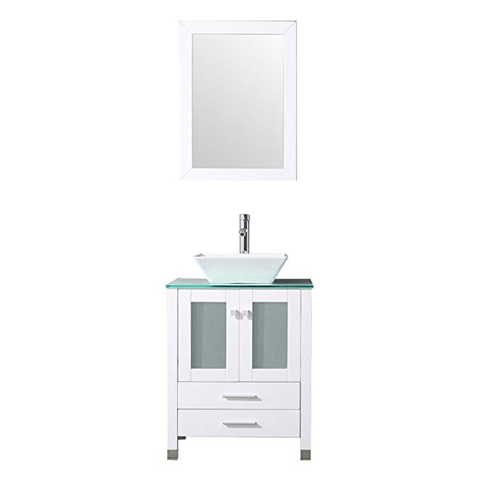 BATHJOY 24” White Bathroom Wood Vanity Cabinet Top Square Ceramic Vessel Sink Faucet Drain Combo with Mirror Vanities Set