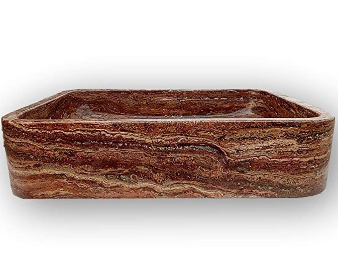 Shades of Stone Rectangle Bathroom Vanity Sink Above Counter Vessel, Undercounter or Apron Front Farmhouse Installation Styles, 100% Stone Handcarved, Free Matching Tray. (Red Travertine)